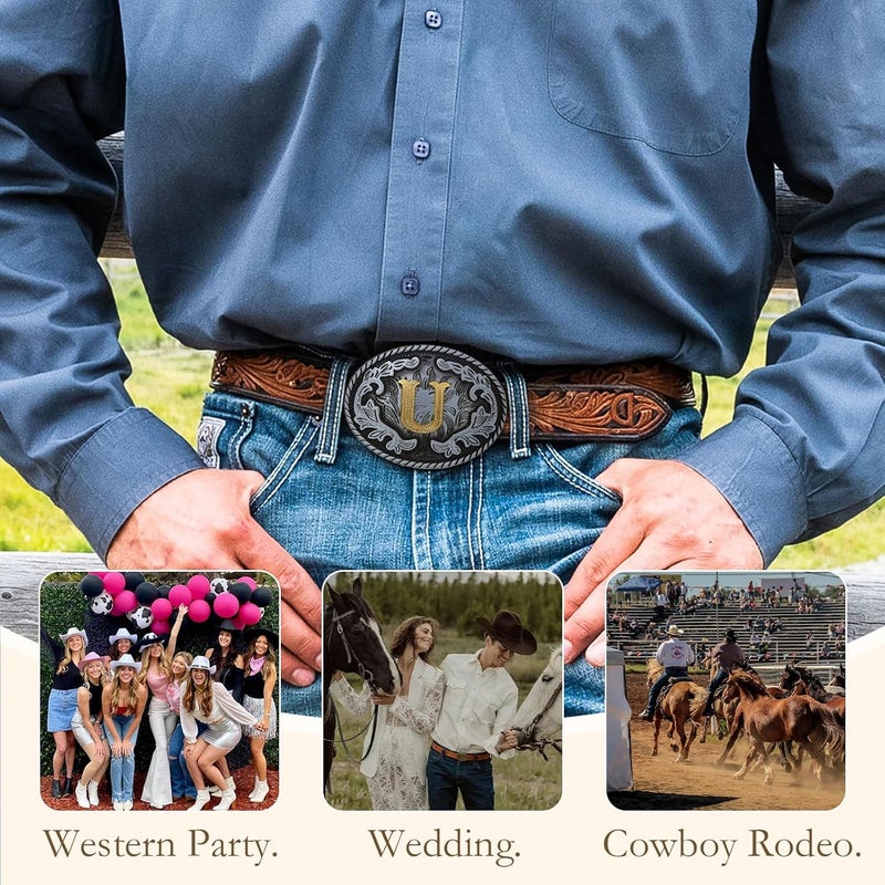 Btilasif Store Western Belt Buckle Western Cowboy Initial Letters ABCDJMR to Z Oval Belt Buckle for Men Women Boys Girls - Image 5